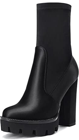 NobleOnly Donna Chunky Blocco Alto High Tacco Heel Piattaforma Rotonda Punta Stivaletti Cerniera da Matrimonio Feste Sexy Stivali Nero Raso 39 EU