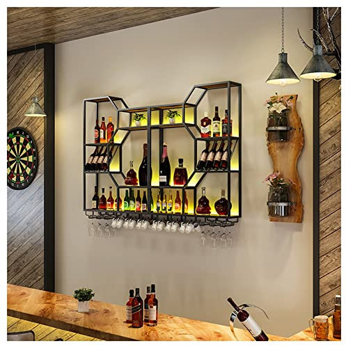 Espositore per Bottiglie di Liquori, Portabottiglie LED A Parete, Scaffali Porta Bicchieri da Bar Scaffalature da Parete per Bar Commerciali (Colore : Black Combo#B)