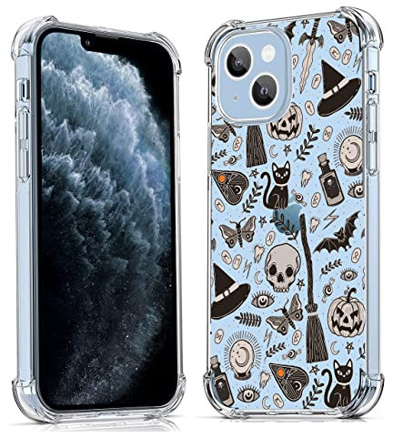 Vesidurt Transparente Halloween-Schutzhülle für iPhone 13, Kürbis-Schädel und Fledermaus-Collage, trendige, transparente, weiche TPU-Schutzhülle für iPhone 13, Schwarz