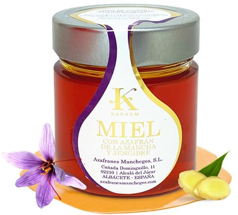 Miel de fleur d'oranger pur au gingembre et safran bio de La Manche, Miel d'abeille naturel d'Espagne, Miel artisanal brut au gingembre et safran bio, Miel Premium en pot de 250 g.