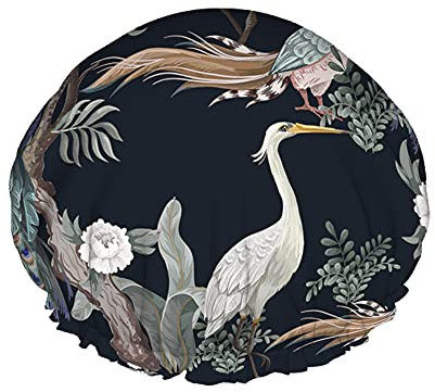 Birds Shower Cap Herons Peacock Flowers Peonies Japanese Animal Art Vintage Design Large Shower Caps Reusable Double Layer Shower Hair Bath Cap Stylish Hair Bonnet Shower Hat