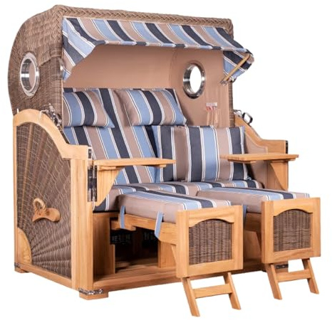 MR. DEKO® Strandkorb Düne Grande XL 2,5-Sitzer Teak | PE Geflecht Grey - Dessin 580 | Volllieger Strandstuhl mit Bullauge inkl. 2 Fußablagen | je 2 Kissen und Nackenkissen | Strandkörbe aus Teakholz