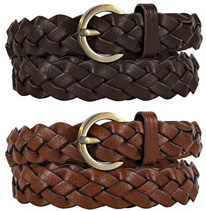WHIPPY 2er-Pack Geflochtener PU Ledergürtel für Damen Verstellbarer dünner Gewebter Gürtel für Jeans Hosen,braun+dunkler Kaffee 110cm
