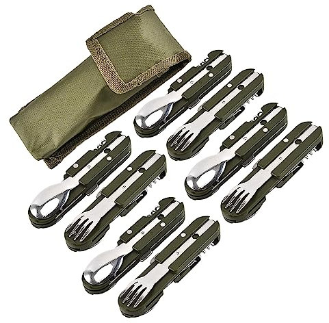 Vajilla de Camping de Acero Inoxidable 5 en 1，Herramientas para Acampar al Aire Libre，Vajilla de Exterior，Vajilla Plegable Multifuncional，Vajilla de Viaje(8 Paquete)