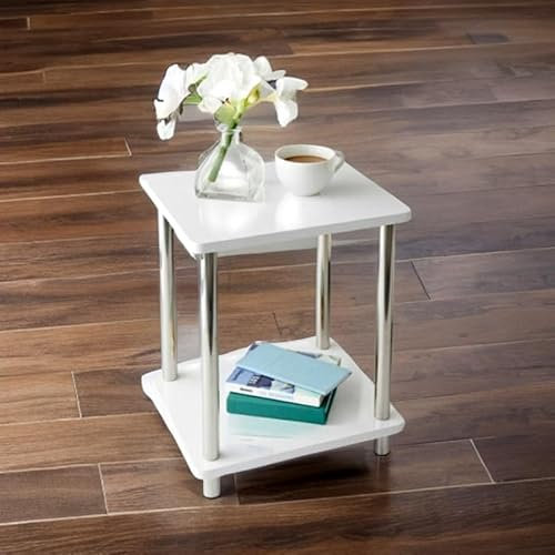 Dylex Small White High Gloss Side Table With Metal Legs 2 Tier Storage Shelves Coffee Table End Table For Living Room