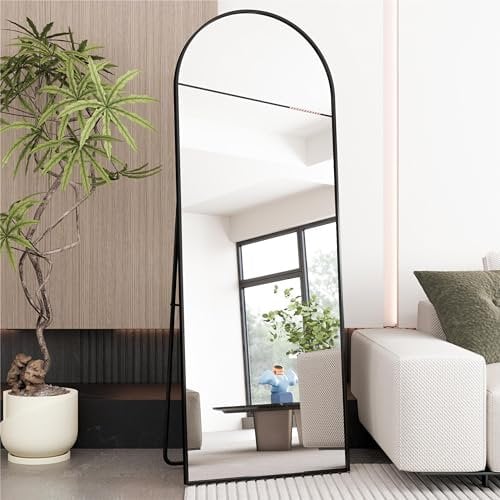 AUFHELLEN Bogen Ganzkörperspiegel 165x60cm, Gewölbter Spiegel mit Schwarz Metallrahmen Standspiegel HD Groß Bodenspiegel Wandspiegel mit Haken für Wohn-, Schlaf- und Ankleidezimmer Spiegel
