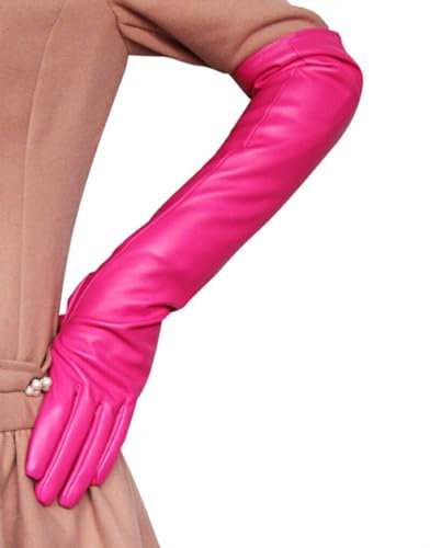 CLSSLVVBN Modische und elegante lange Damen PU Lederhandschuhe, breite Anwendung, bequemes Geschenk, lange PU Lederhandschuhe, Rosenrot, L