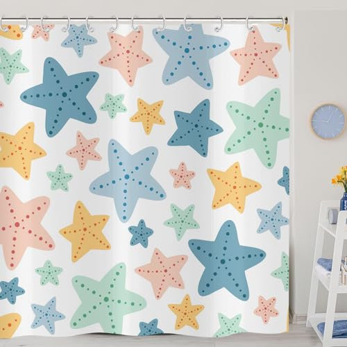 ASDCXZ Cortinas De Ducha Infantiles 180x200 cm, Lindos Dibujos Animados Azul Amarillo Verde Naranja Estrella Niña Niño Cortinas De Ducha Lavables Tela De Cortinas De Ducha Impermeables con 12 Ganchos