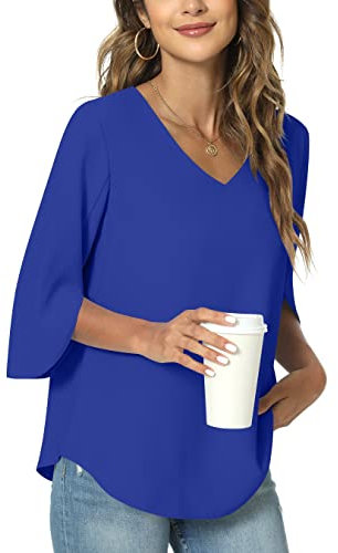 TAOHUADAO Womens Casual V-Neck Loose Tunic Top for Leggings 3/4 Sleeve Chiffon Blouse Shirt Tops 2X-Large, Royal Blue