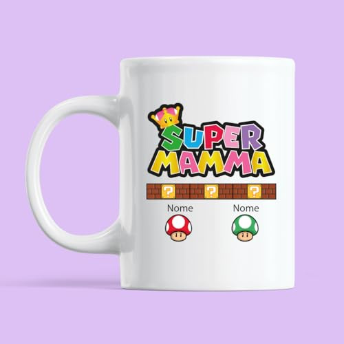 Teetaly - Tazza Super Mamma Personalizzata con Nome Dei Figli, Idea Regalo Festa Della Mamma, Compleanno (2 Nomi)