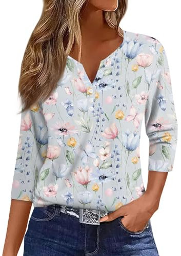 Damen Tshirt 3/4 Ärmel Hemdblus V Ausschnitt Shirt Farbverlauf Musselin Bluse 2024 Lässig T-Shirt Druckknopf Blusenshirt Locker Oberteil Sommer Must Have Elegant Top(5-Light Blue,S)