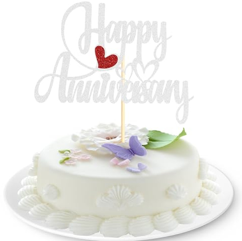 Sotpot 1PC Happy Anniversary Cake Topper Silver Glitter Cake Decoration for Wedding Birthday Company Anniversary Party Supplies