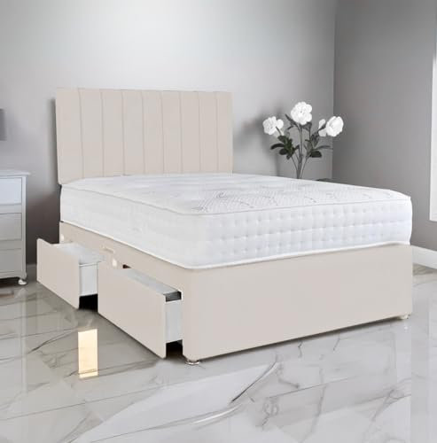 amu 4FT Small Double Bed With Mattress & 2 Drawers | 24 Headboard, Plush Velvet Small Double Divan Bed for Space-Saving Solutions (Cream)