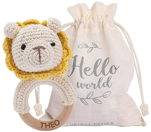 Youuys Personalisierter Babyrassel Gehäkelte Holz Häkeln Tiere Greifling Baby Holz Rassel Baby mit Sound Handmade Rassel für Neugeborenes Baby Geschenk Junge und Mädchen Geschenk zur Geburt (Giraffe)