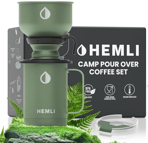 Hemli Pour Over Coffee Maker Camp Set – Vacuum Insulated Mug with Leakproof Lid, Stainless Steel Micro Filter, Scratch-Resistant Finish, Portable Coffee Maker for Camping, Travel & Outdoor Adventures