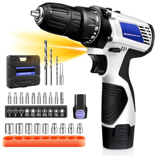 Huini 16.8V Cordless Drill,Electric Screwdriver Set,45Nm Cordless Combi Drill with 18+1 Torque Setting,1.5AH Li-ion Battery,23CS Accessories, LED Work Light,Home and Garden DIY Project Kit