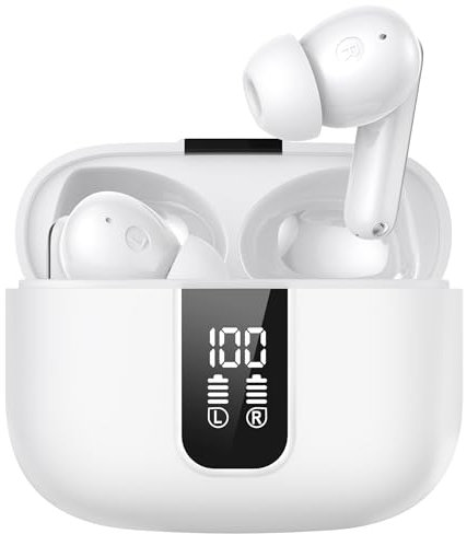 BAFONE Earbuds Wireless Bluetooth Ear Buds 60H Playback LED Power Display Headphone Wireless Bluetooth IPX5 Waterproof in-Ear Earbuds with Mic for TV Smart Phone Laptop Computer Sports (White)