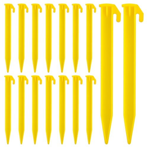 16 Pack Plastic Tent Stakes, 5.7 Inch Heavy Duty Beach Tent Pegs, Durable Garden Lawn Tarp Stakes, Tent Spikes Nails Pegs Hammer for Outdoor Beach Camping Courtyard Decorative Accessories (Yellow)