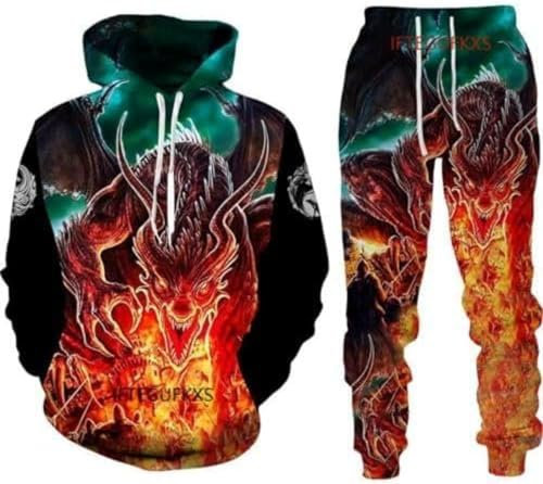 Sweat à capuche pour homme avec motif dragon chinois imprimé 3D Pull ample Dragon chinois T-shirt de sport Jogging Ensemble de sport, S8., XL