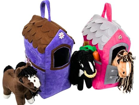 X-Group4th Pferdestall für Baby Horse Mini, Pferde, Spielzeug, Geschenk für Kinder Mädchen, Zubehör, Transporter für EIN Plüschpferd, Rosa - Grau 33x24x16 cm