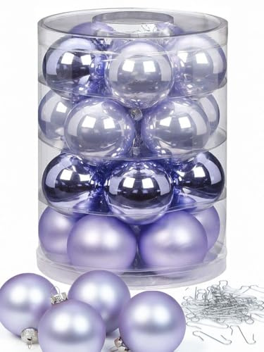 Inge Glas Weihnachtskugeln mit Haken | Schöne Christbaumkugeln aus Glas | Set 20 Kugeln und 40 Aufhänger | Christbaumschmuck Weihnachtsbaumkugeln (Dreamy Lilac)