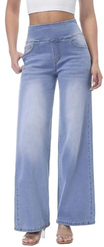 Chasehot Baggy Jeans Damen,Pull On Wide Leg Jeans Mit Gummibund High Waist Stretch,Weites Bein Jeans Damen Mit 4 Taschen