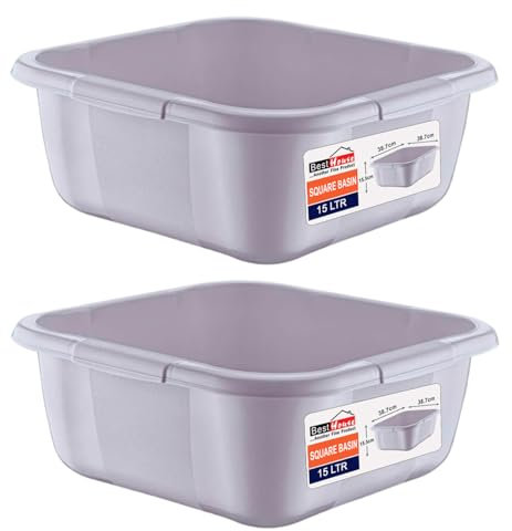 Best House | Plastic Washing up Bowl Basin | Square Kitchen Basin Wash Bowl | 15 Litres | GREY | 2 PCS | Multipurpose Bath Tub/Washing Tub for Kitchen, Bathroom, and Household Use (Pack of 2)