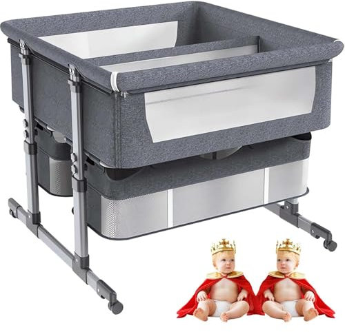 Gvqng 3-In-1-Beistellbett, Babybett FüR Zwillinge, Kinderbett Mit Aufbewahrungskorb, Tragbares Babybett Mit Stubenwagen, 6-Fach HöHenverstellbar Beistellbett, FüR Babys,A