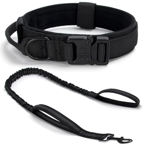 Taktisches Hundehalsband Set, Verstellbares Militärtraining Nylon Hundehalsband mit Kontrollgriff und Schwere Schnellverschluss-Metallschnalle für Kleine Mittlere Große Hunde, Schwarz Set XXL