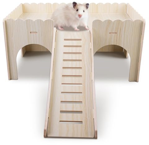 GOEDCH Grande casa di porcellini d'India con rampa 4 ingressi: criceto casa in legno, porcellini d'India accessorio per cincillà, criceto, coniglio, furetti, conigli, rimovibile 34 x 24 x 18 cm