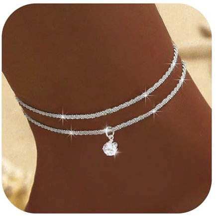 Kinwers FußKettchen Silber Damen,2 StüCk FußKette Silber 925 Wasserfest, für Damen Sommer Strand Schmuck Geschenk