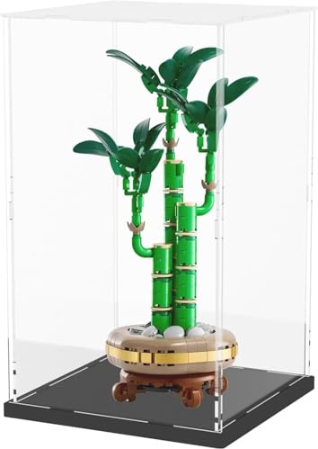 DuvinDD Acryl Vitrine für LEGO Botanicals Pflaumenblüte 10369 für Chrysantheme 10368 für Bambus 10344 – 20 x 20 x 35cm Transparente Staubschutzbox mit Schwarzem Sockel