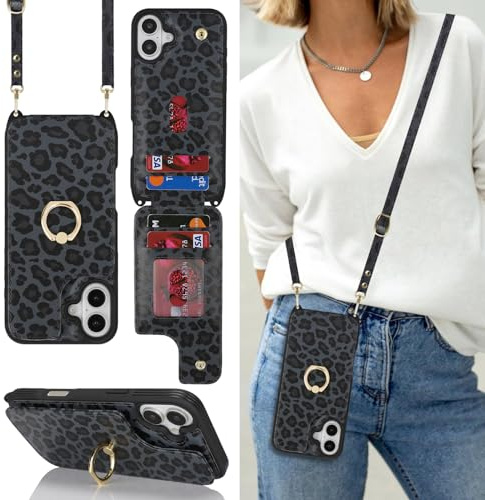 CAVOR Handyhülle kompatibel mit iPhone 16 Hülle Mit Band,Flip Leder Geldbörse Karten Hülle,[4 Kartenfach][Ring Ständer],Kartenhalter Handyhülle mit Umhängeband - Schwarz Leopard