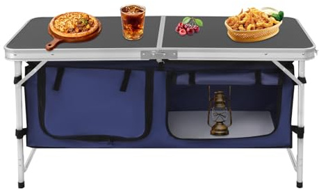 Folding Camping Table with Storage - Adjustable Aluminum Kitchen Cupboard, Outdoor Garden BBQ Party Table, 77.16lbs Load Capacity