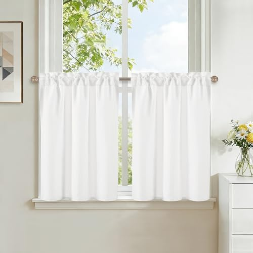 DWCN Küche Gardinen Kurz Scheibengardinen Leinenoptik Weiß H45xB90cm | 2er Set Fenstervorhänge Landhausstil Bistrogardine mit Stangendurchzug für Wohnzimmer Schlafzimmer Schrankvorhang Badezimmer