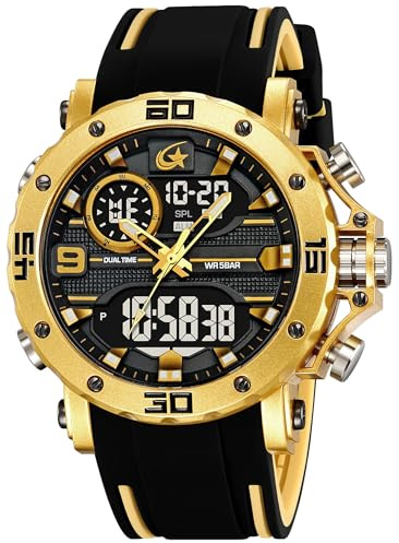 findtime Herrenuhr Militär Digitale Analoge Sportuhr Outdoor Dual Time Wasserdicht LED Beleuchtung Groß Zifferblatt Uhren für Männer mit Wecker Datum 12/24h Stoppuhr Chronograph Tactical Schwarz Gold