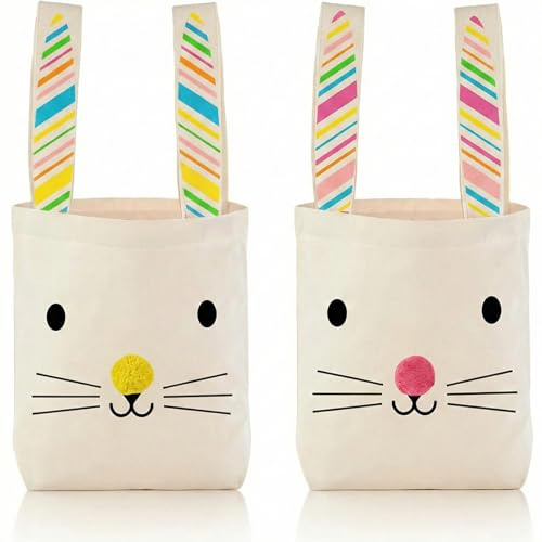 2 Stück Ostertasche zum Befüllen, Niedlicher Osterkorb Personalisiert Stil, Hasentaschen mit Regenbogen Ohren, Ostergeschenktüten für Ostertüten Groß, Süßigkeitenkörbchen, Osterdeko