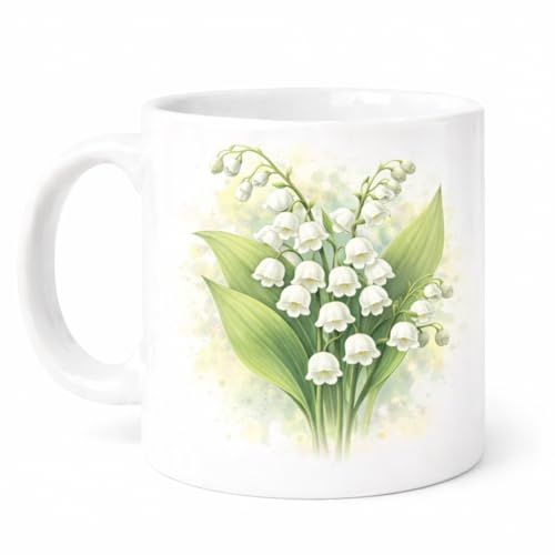 Brew Crew Gifts Lily of the Valley Mug, White Ceramic Coffee Mug with Watercolour Floral Design, Green and White