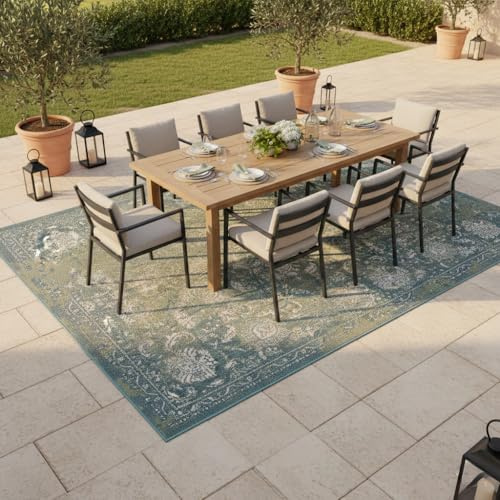 Pergamon Vintage Petrol Orient Teppich Indoor Outdoor Modern – Flachgewebe für Wohnzimmer, Terrasse & Balkon – Wetterfest, Pflegeleicht