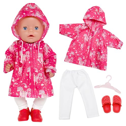 Puppenkleidung 35-43 cm, 4 Stück 14-18 Zoll Puppen Regen Outfit mit Wasserdichter Pony Jack Hose Schuh Kleiderbügel Puppenkleidung Kleidung Zubehör für Babypuppen Jungen Mädchen Geschenk (Rosenrot)