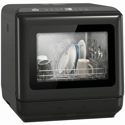 HOMCOM Lavastoviglie da tavolo con serbatoio d'acqua integrato 6L Nero | Mini lavastoviglie, 5 programmi, comando touch, display LED, 4 coperti, doppia acqua, asciugatura ad aria