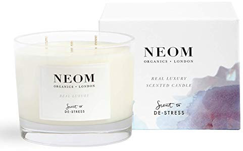 NEOM- Real Luxury Scented Candle, 3 Wick | Lavender & Rosewood | Essential Oil Aromatherapy Candle | Scent to De-Stress, Packaging May Vary, 420g