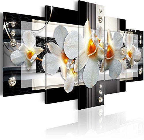 B&D XXL - Wandbilder XXL Abstrakt 200x100cm 5 tlg - Wand Deko Leinwand Bilder Groß Wanddeko Wohnzimmer Schlafzimmer Kunstdrucke - Blumen Orchidee Textur Diamant b-A-0099-b-n