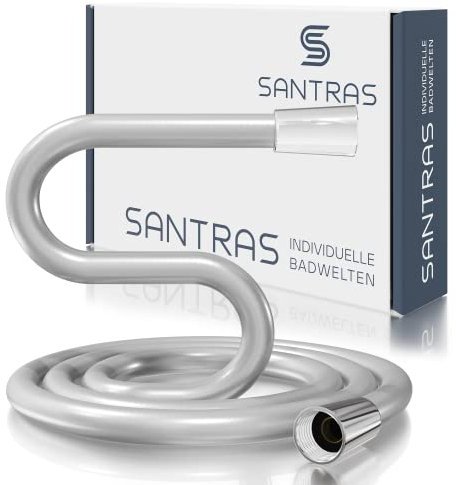 SANTRAS® Duschschlauch PREMIUM Chrom 2,00 m MADE IN GERMANY mit Wassersparer – Besonders flexibel und verdrehsicher mit DURCHFLUSSBEGRENZER – Brauseschlauch in Edelstahloptik aus Easy Clean Material