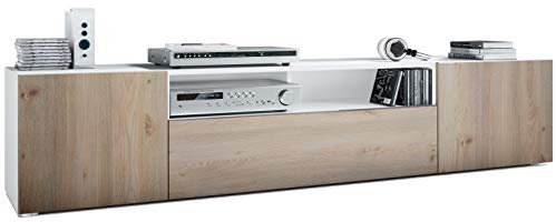 Vladon Lowboard Mogan, TV-Kommode mit 2 Türen, 1 Klappe und 1 offenes Fach, Weiß matt/Eiche Nordic (181 x 39 x 35 cm)