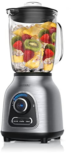 Arendo Mixeur en acier inoxydable 1400 W 24 000 U min avec récipient en verre 1,75 l Couteau à 6 voiles en acier inoxydable Crush, Smoothie, fonction impulsion, 30 niveaux de puissance 60 ml