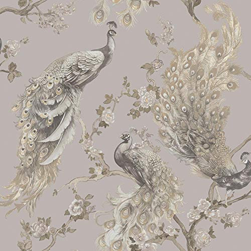 Menali Peacock Glitter Wallpaper Grey White Birds Leaf Floral Vinyl Y�L