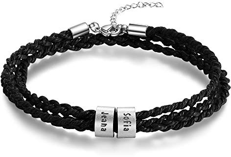 Damei Personalisierter Armbänder für Männer Damen mit Gravur Silber Anhänger Lederarmband mit Namen Gravur für Männer Frauen Echtlederarmband Schmuck für Herren - Kautschuk Kette