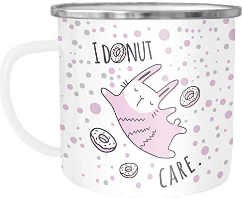 Moonworks® Emaille-Tasse mit Spruch I donut care Hasen Motiv Emaille-Becher Kinderbecher rosa lustig weiß-metall Emailletasse
