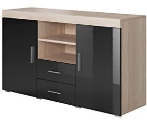 MB Muebles Bonitos, Aparador Roque para Salón Comedor Moderno, Mueble TV de Melamina, Color Sonoma Mate y Negro Brillo, 140x80x40 cm
